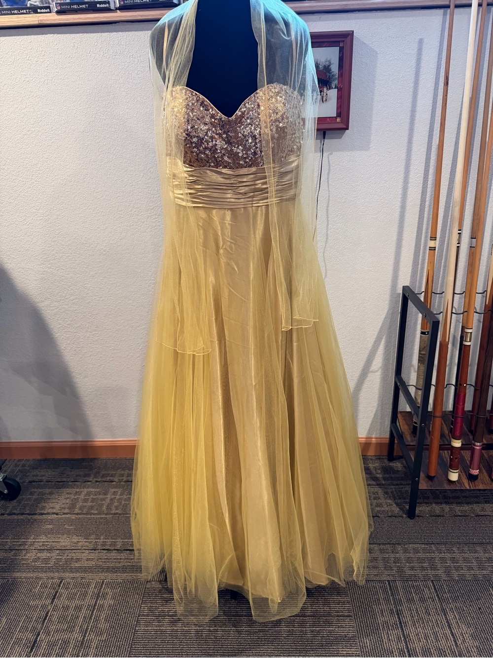 Dancing Queen Gold Sequin Strapless Prom Gown
